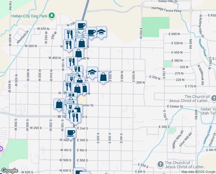 map of restaurants, bars, coffee shops, grocery stores, and more near 153 North 300 East in Heber City