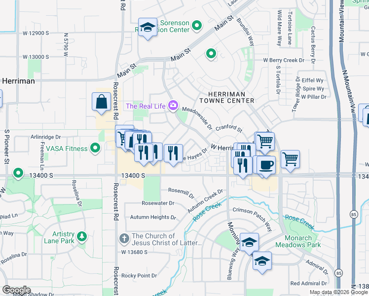 map of restaurants, bars, coffee shops, grocery stores, and more near 5357 Fallowfield Lane in Herriman