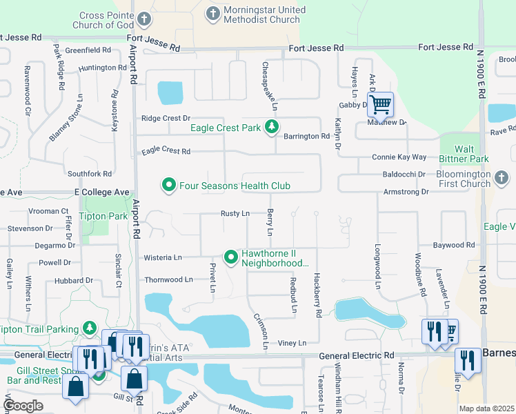 map of restaurants, bars, coffee shops, grocery stores, and more near 2107 Crimson Lane in Bloomington