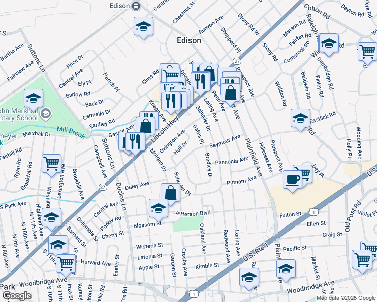 map of restaurants, bars, coffee shops, grocery stores, and more near 21 Seymour Avenue in Edison