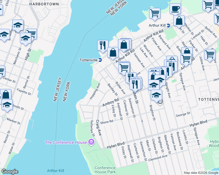 map of restaurants, bars, coffee shops, grocery stores, and more near 146 Bentley Street in Staten Island