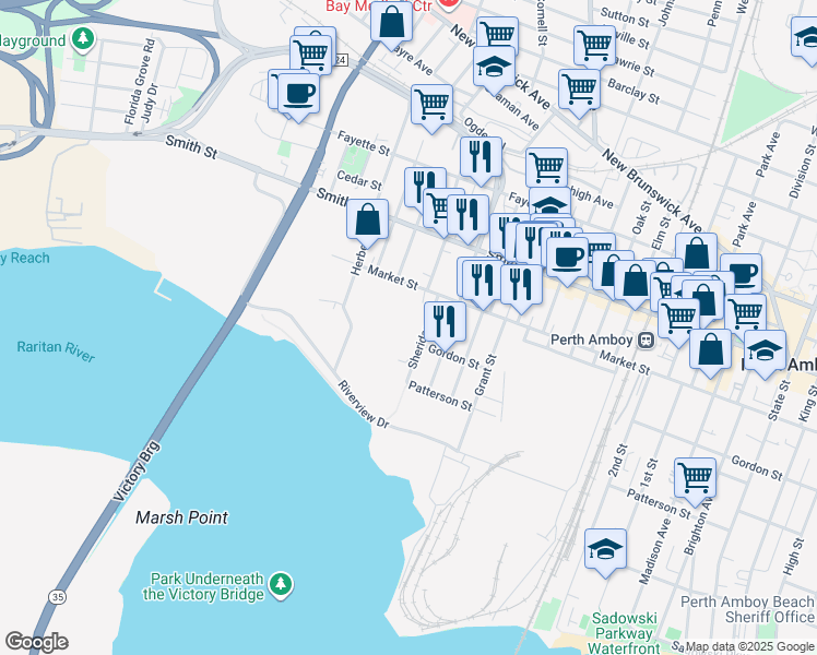 map of restaurants, bars, coffee shops, grocery stores, and more near 185 Sheridan Street in Perth Amboy