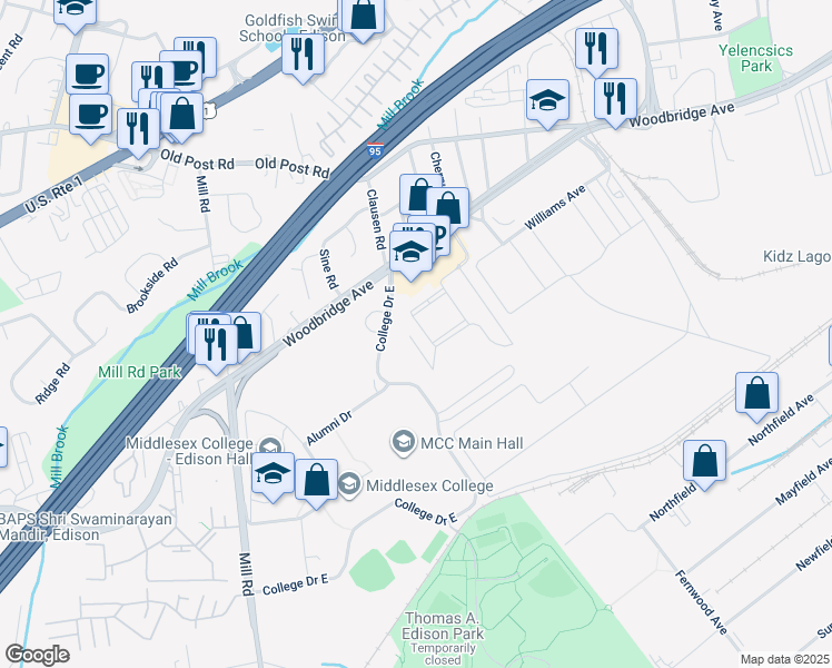 map of restaurants, bars, coffee shops, grocery stores, and more near 216 College Drive East in Edison