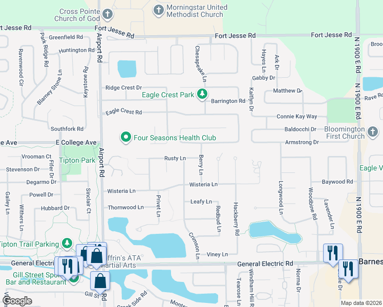map of restaurants, bars, coffee shops, grocery stores, and more near 2107 Crimson Lane in Bloomington