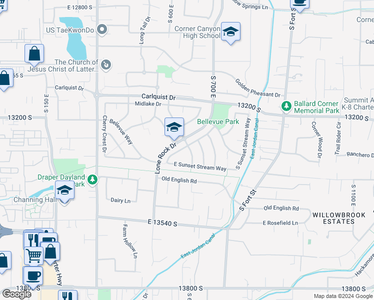 map of restaurants, bars, coffee shops, grocery stores, and more near 618 East Beaumont Way in Draper
