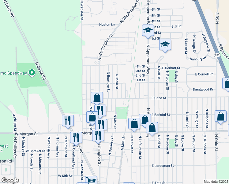 map of restaurants, bars, coffee shops, grocery stores, and more near 101-125 West Gano Street in Kokomo