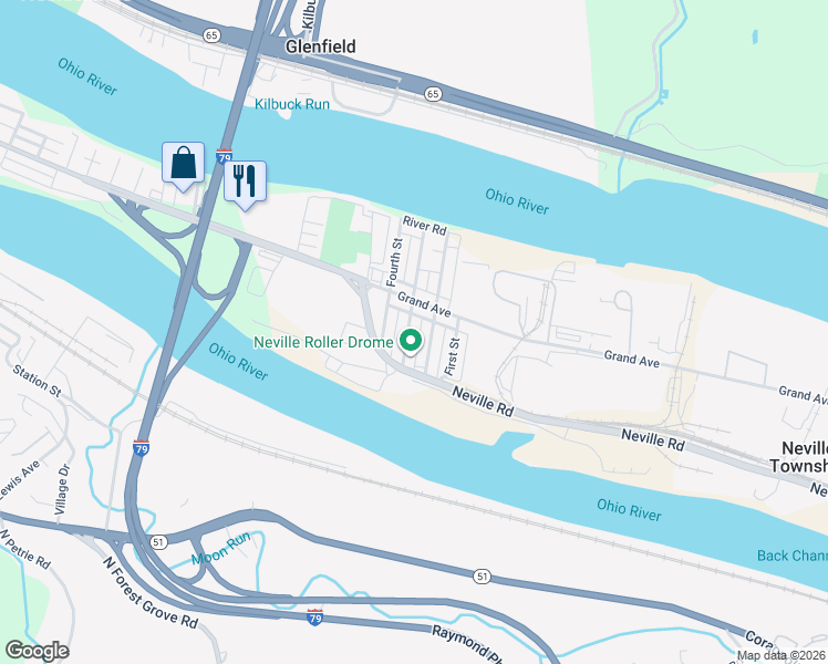 map of restaurants, bars, coffee shops, grocery stores, and more near 5109 Neville Road in Pittsburgh