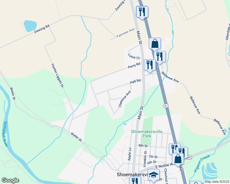 map of restaurants, bars, coffee shops, grocery stores, and more near 61 Clarence Avenue in Shoemakersville
