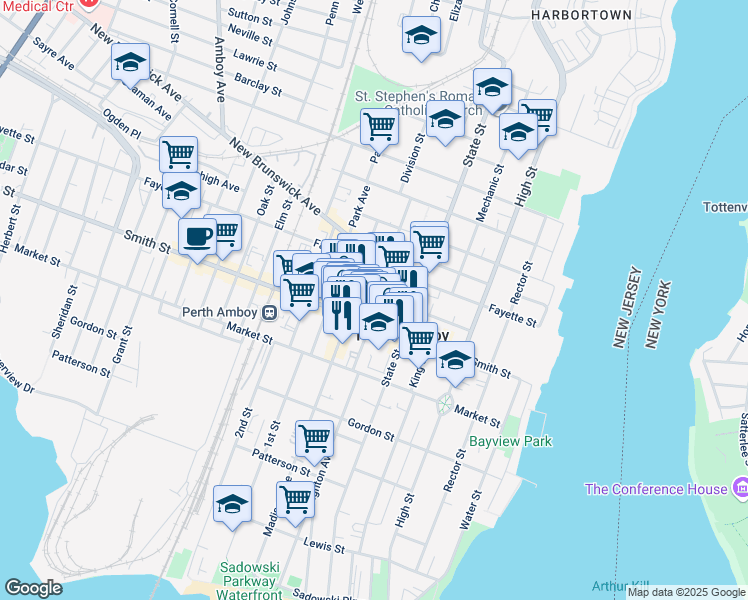 map of restaurants, bars, coffee shops, grocery stores, and more near 160 Smith Street in Perth Amboy