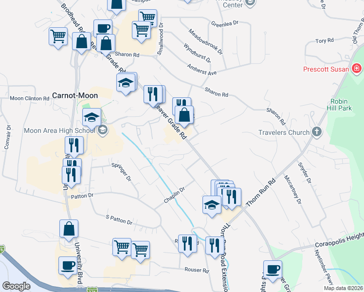 map of restaurants, bars, coffee shops, grocery stores, and more near 3 Forest Green Drive in Carnot-Moon