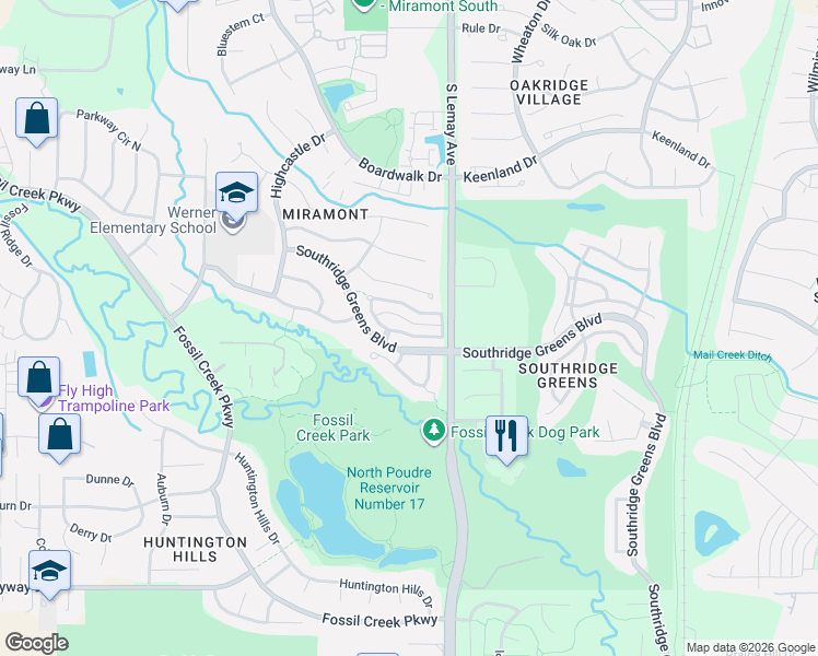 map of restaurants, bars, coffee shops, grocery stores, and more near 950 Southridge Greens Boulevard in Fort Collins
