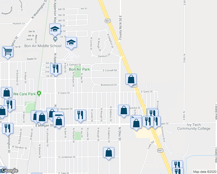 map of restaurants, bars, coffee shops, grocery stores, and more near 1025 Brentwood Drive in Kokomo