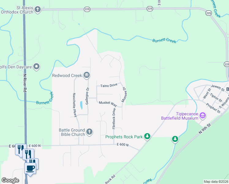 map of restaurants, bars, coffee shops, grocery stores, and more near 2496 Taino Dr in West Lafayette