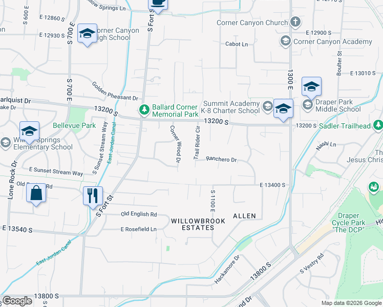 map of restaurants, bars, coffee shops, grocery stores, and more near 13253 Trail Rider Circle in Draper