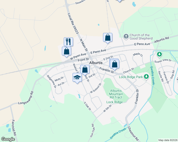 map of restaurants, bars, coffee shops, grocery stores, and more near 29 West 2nd Street in Alburtis