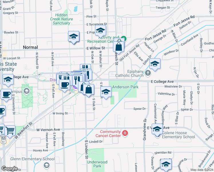 map of restaurants, bars, coffee shops, grocery stores, and more near 406 Dewey Street in Normal