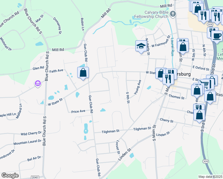 map of restaurants, bars, coffee shops, grocery stores, and more near 6861 Roberts Road in Coopersburg