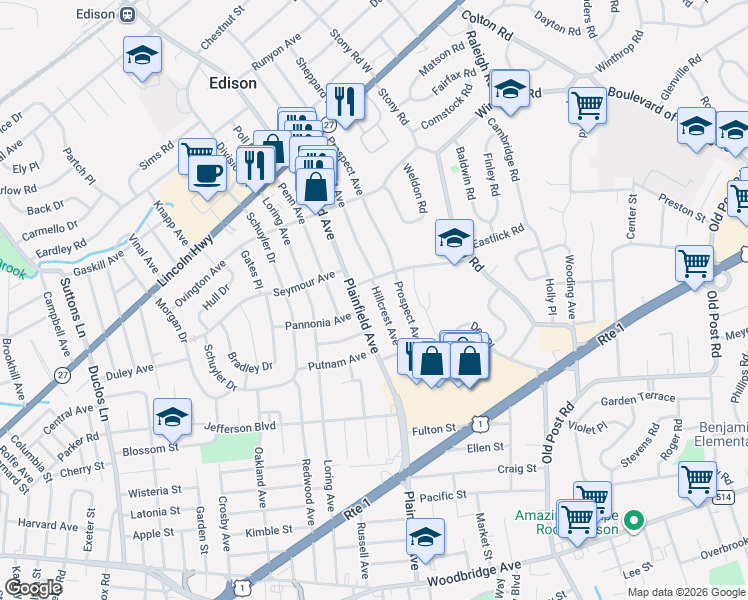 map of restaurants, bars, coffee shops, grocery stores, and more near 24 Hillcrest Avenue in Edison
