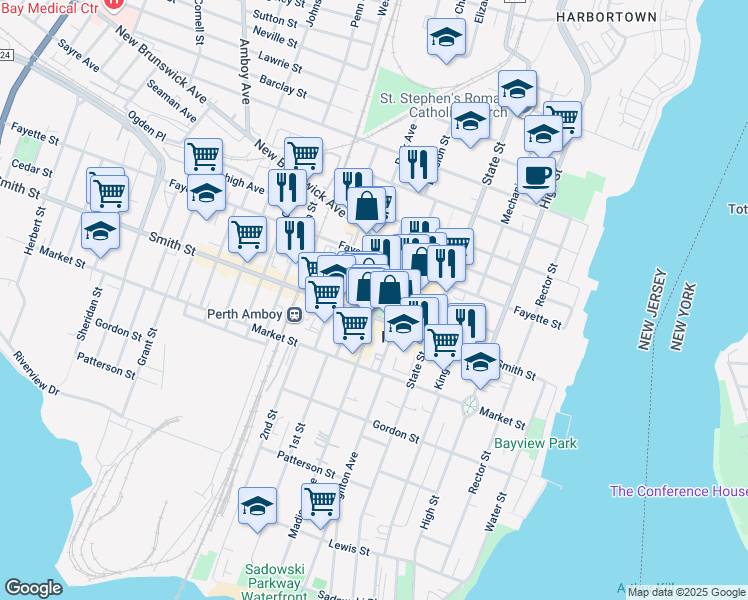 map of restaurants, bars, coffee shops, grocery stores, and more near 335 Madison Avenue in Perth Amboy