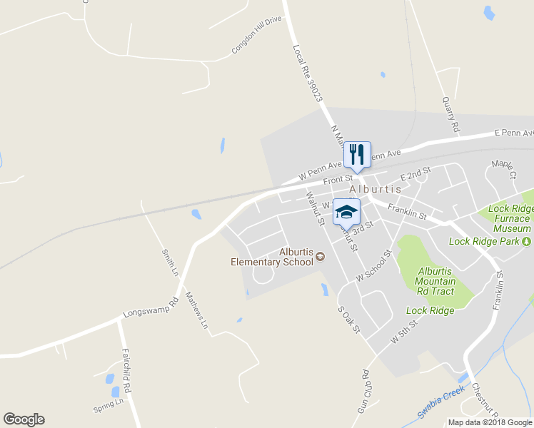 map of restaurants, bars, coffee shops, grocery stores, and more near 327 West 2nd Street in Alburtis