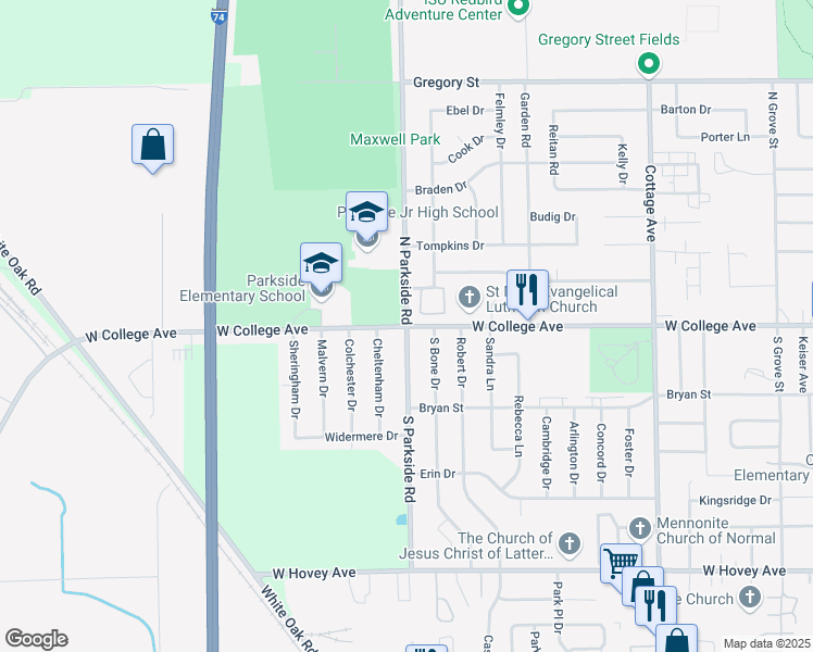 map of restaurants, bars, coffee shops, grocery stores, and more near 101 North Parkside Road in Normal