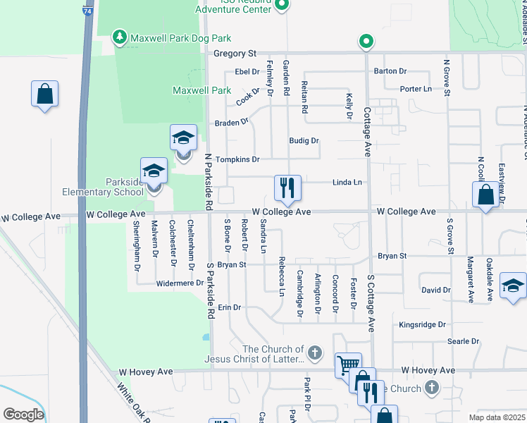 map of restaurants, bars, coffee shops, grocery stores, and more near 1710 West College Avenue in Normal