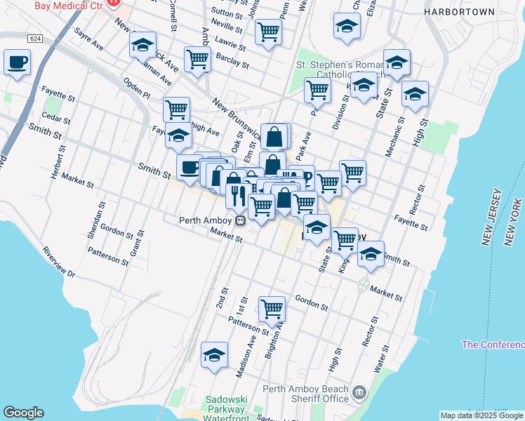 map of restaurants, bars, coffee shops, grocery stores, and more near 231-237 Jefferson Street in Perth Amboy