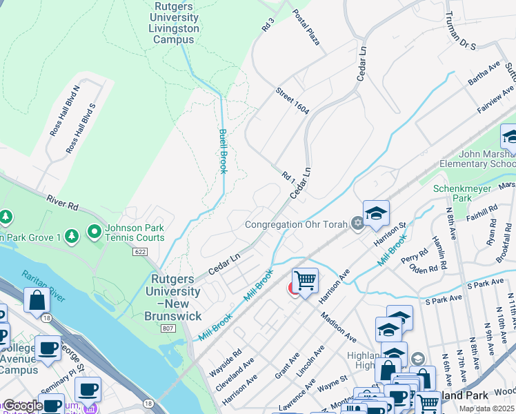 map of restaurants, bars, coffee shops, grocery stores, and more near 250 Treetops Drive in Highland Park