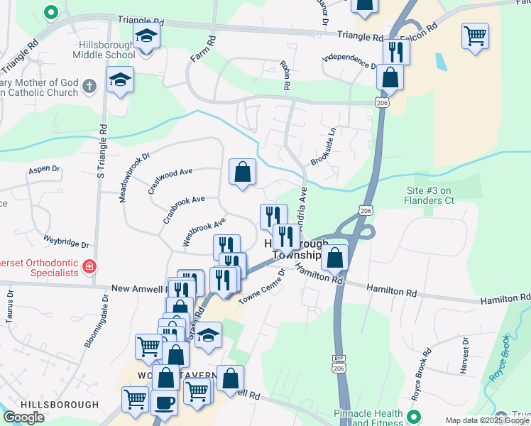 map of restaurants, bars, coffee shops, grocery stores, and more near 32 Deanna Drive in Somerset County