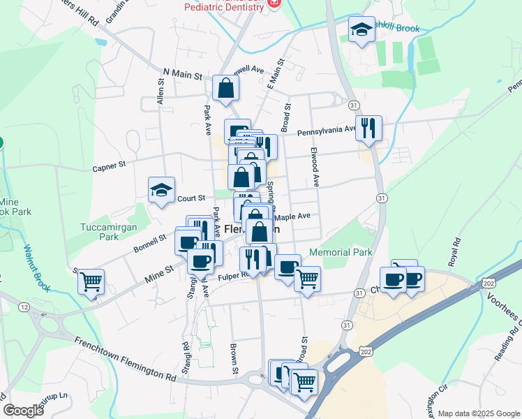 map of restaurants, bars, coffee shops, grocery stores, and more near 12 Spring Street in Flemington