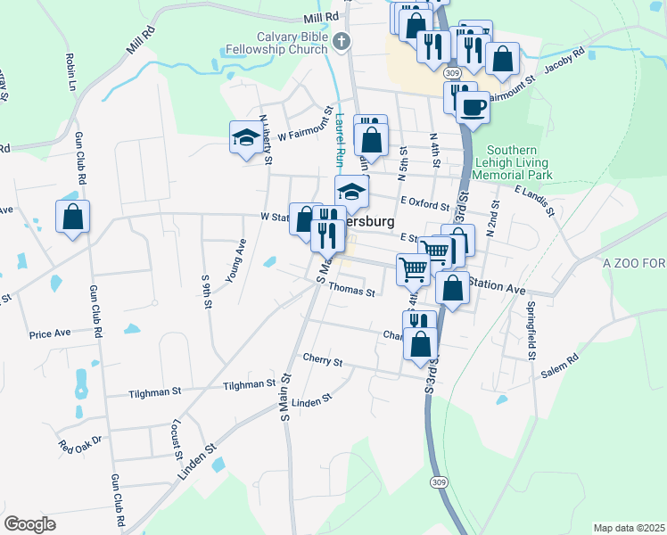 map of restaurants, bars, coffee shops, grocery stores, and more near 42 South Main Street in Coopersburg