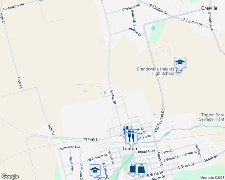 map of restaurants, bars, coffee shops, grocery stores, and more near 525 North Main Street in Topton