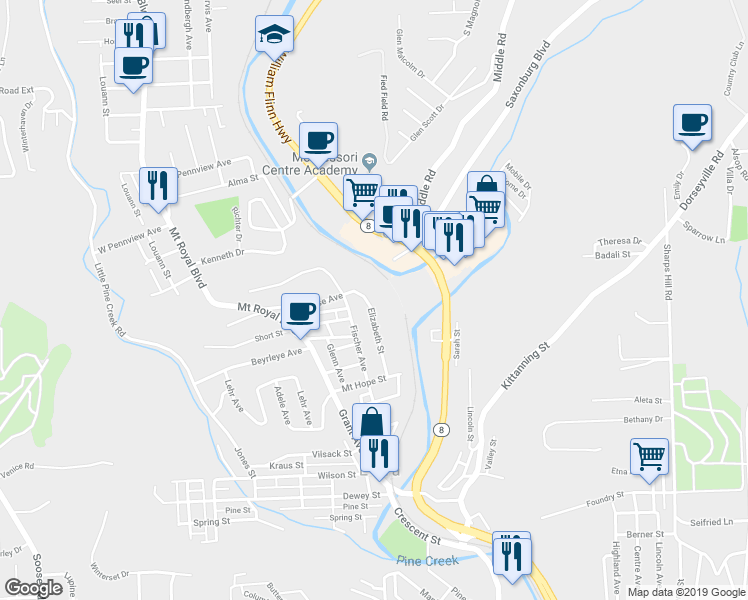 map of restaurants, bars, coffee shops, grocery stores, and more near 440 Elizabeth Street in Pittsburgh