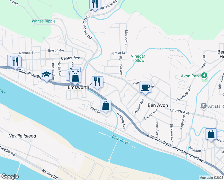 map of restaurants, bars, coffee shops, grocery stores, and more near 28 Hiland Avenue in Pittsburgh