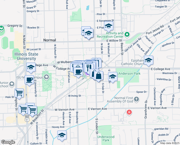 map of restaurants, bars, coffee shops, grocery stores, and more near 1024 Stags Leap Road in Normal