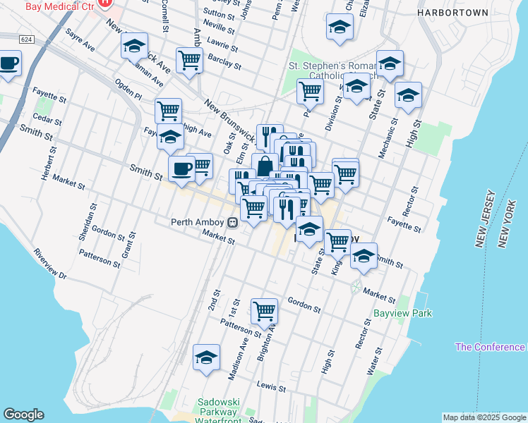 map of restaurants, bars, coffee shops, grocery stores, and more near 185 Jefferson Street in Perth Amboy