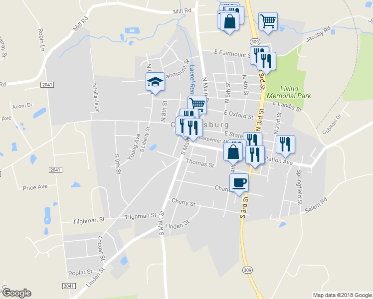 map of restaurants, bars, coffee shops, grocery stores, and more near 113 South Main Street in Coopersburg