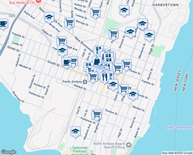 map of restaurants, bars, coffee shops, grocery stores, and more near 185 Jefferson Street in Perth Amboy