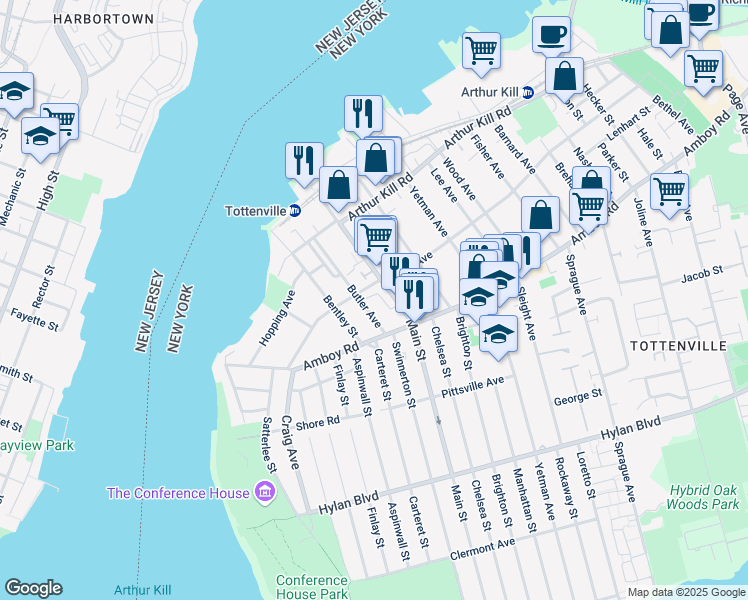 map of restaurants, bars, coffee shops, grocery stores, and more near 180 Main Street in Staten Island