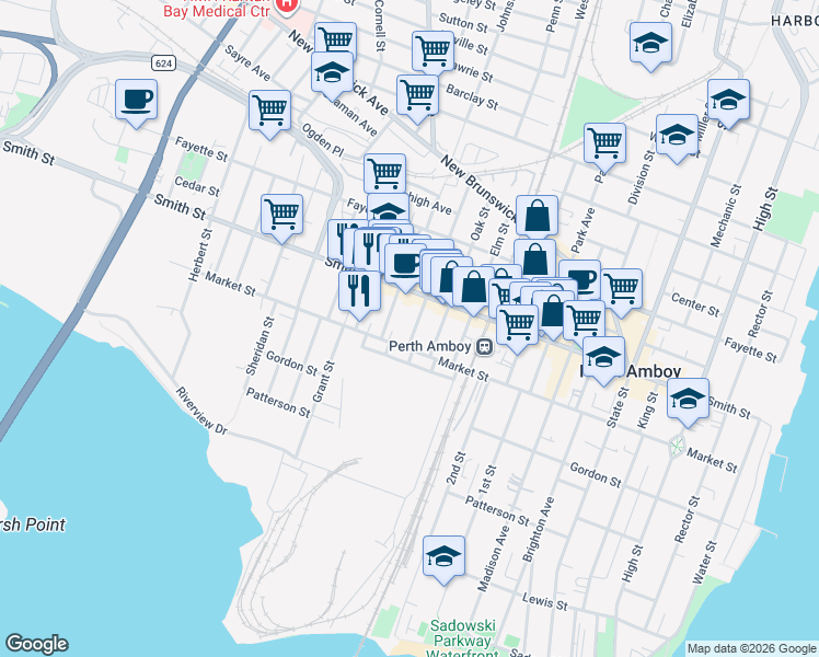 map of restaurants, bars, coffee shops, grocery stores, and more near 280 Watson Avenue in Perth Amboy