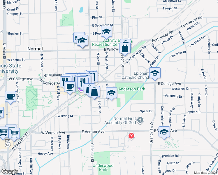 map of restaurants, bars, coffee shops, grocery stores, and more near 106 South Walnut Street in Normal