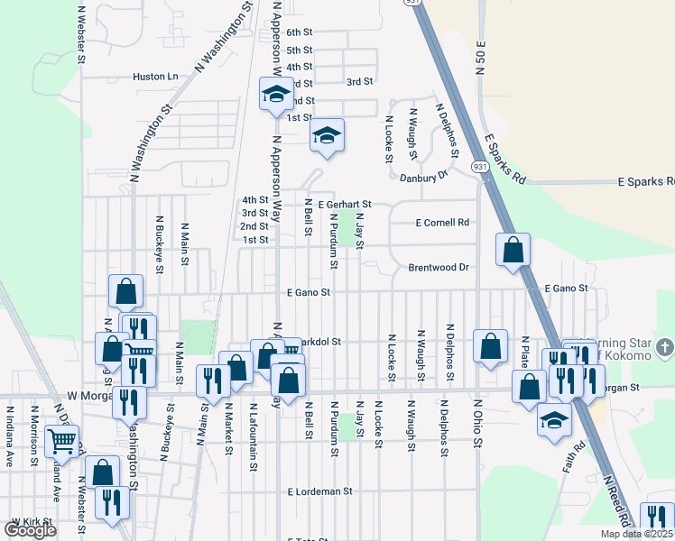 map of restaurants, bars, coffee shops, grocery stores, and more near 2422 North Purdum Street in Kokomo