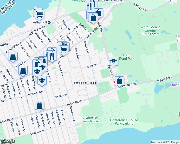 map of restaurants, bars, coffee shops, grocery stores, and more near 30 Jacob Street in Staten Island