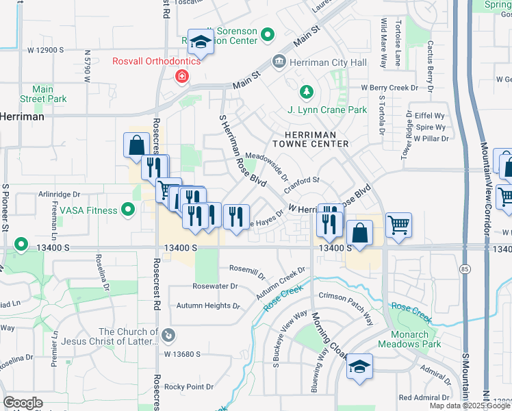 map of restaurants, bars, coffee shops, grocery stores, and more near 5353 Rochdale Lane in Herriman
