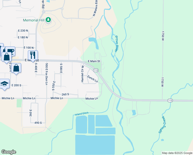 map of restaurants, bars, coffee shops, grocery stores, and more near 893 Zurich Lane in Midway