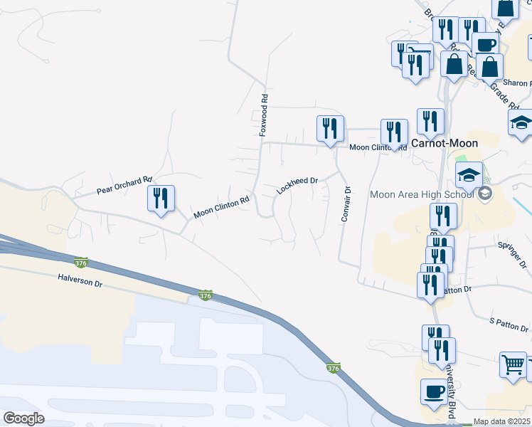 map of restaurants, bars, coffee shops, grocery stores, and more near 211 Ascot Court in Coraopolis