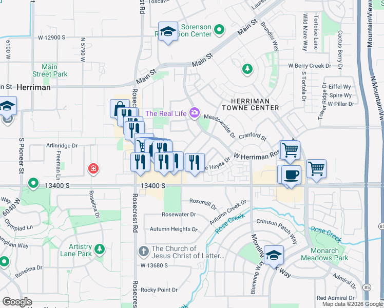 map of restaurants, bars, coffee shops, grocery stores, and more near 5412 Pemberton Lane in Herriman