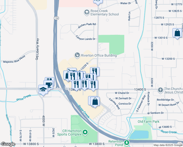 map of restaurants, bars, coffee shops, grocery stores, and more near 13319 South 3600 West in Riverton