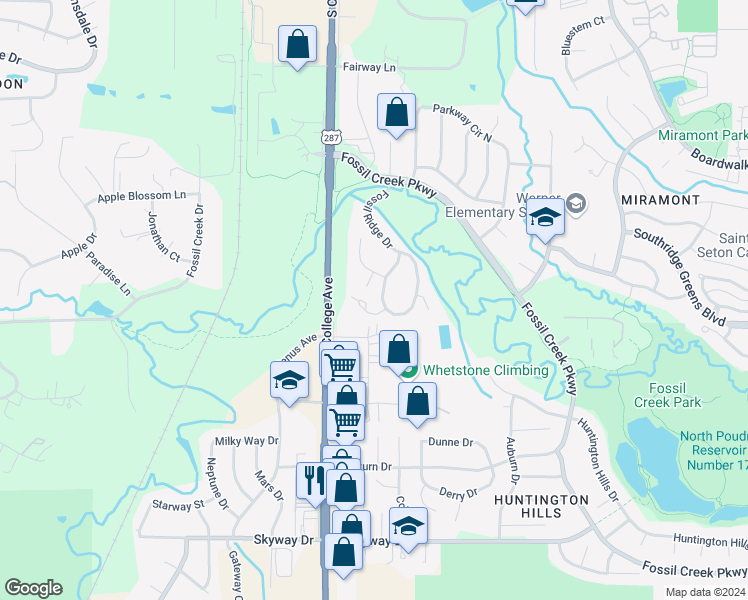 map of restaurants, bars, coffee shops, grocery stores, and more near 122 Fossil Court West in Fort Collins