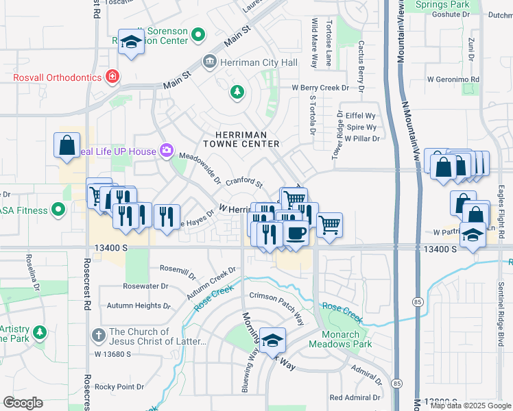 map of restaurants, bars, coffee shops, grocery stores, and more near 13279 Parkview Rise Lane in Herriman
